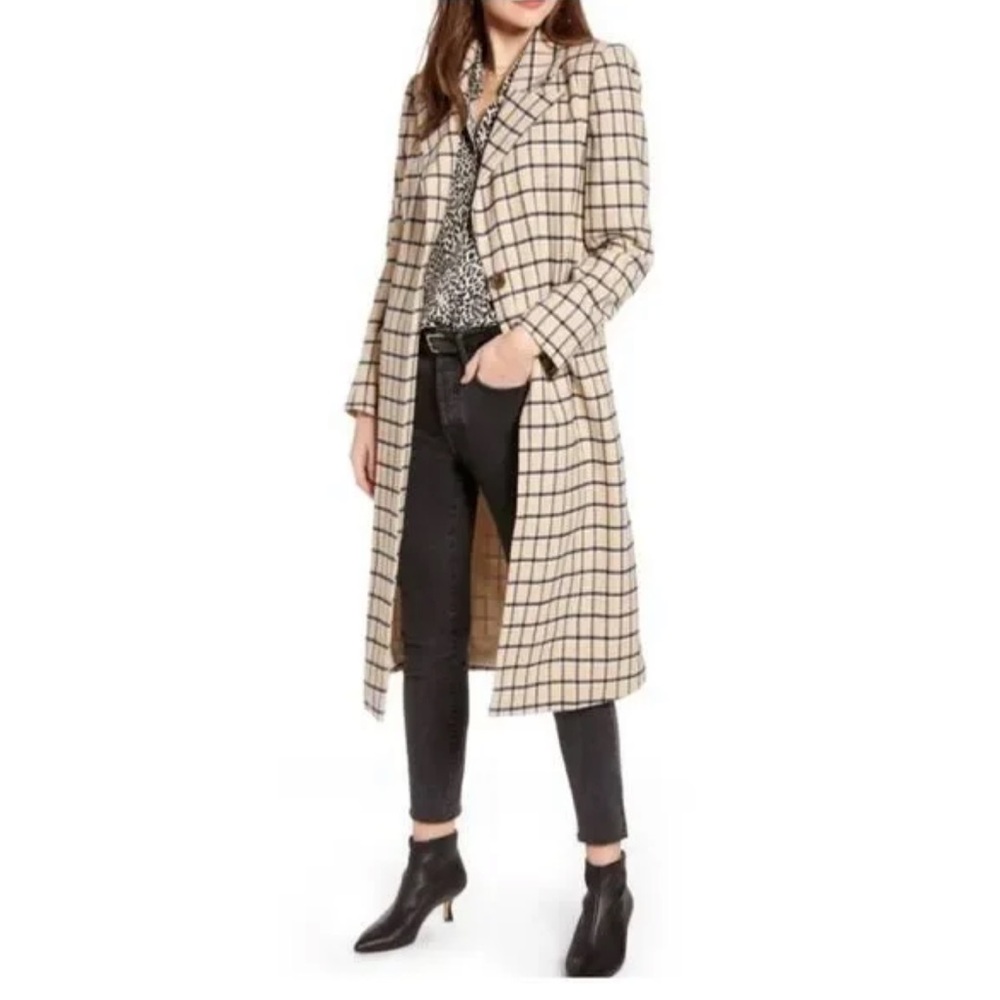 Something Navy Single Breasted Tan, Black, White Plaid Wool Longline Coat Sz XS